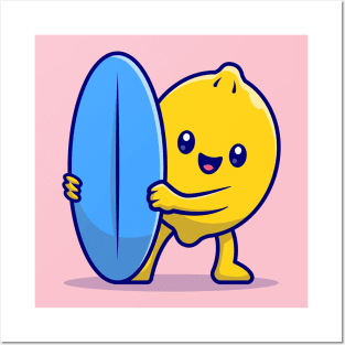 Cute Lemon Surfing In The Sea Cartoon Posters and Art